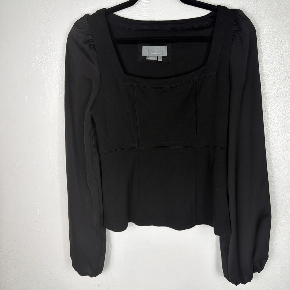 Anthropologie Black Square Neck Blouse Easy Wear Size Small Balloon‎ Sleeve